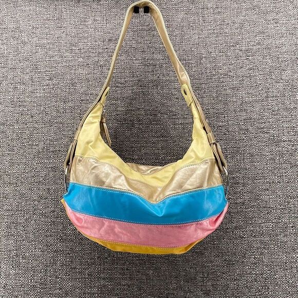 Vintage Shoulder Bag Medium‎ Rainbow Vegan Leather Hobo Patchwork 80s 90s Theme - Picture 1 of 8